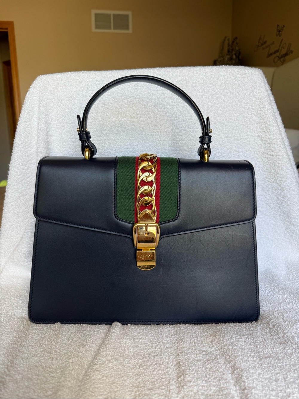 Black Top-Handle Leather Bag with Green & Red Web and Gold Chain Accent